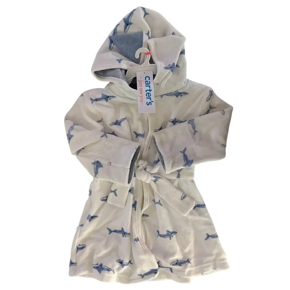 Baby Boys White Blue Shark Print Bath Robe NEW